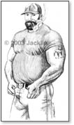 bearded husky man with beer belly, ball cap , smoking cigar
