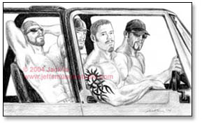 4 muscular, shirtless tattoed dudes in a jeep, looking at viewer