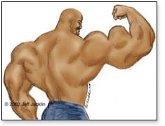 hugely muscled man of color, wide v back and flexed bicep