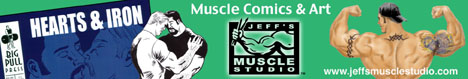 Jeff's Muscle Studio banner ad with comic book cover