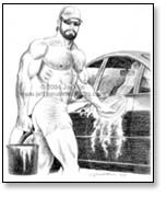 muscled man in cut offs washing car